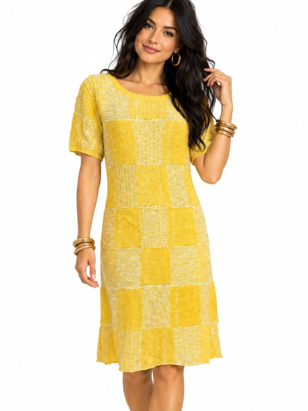 Joe Fresh Yellow Patchwork Knit Short-Sleeve Mini Sweater Dress Medium